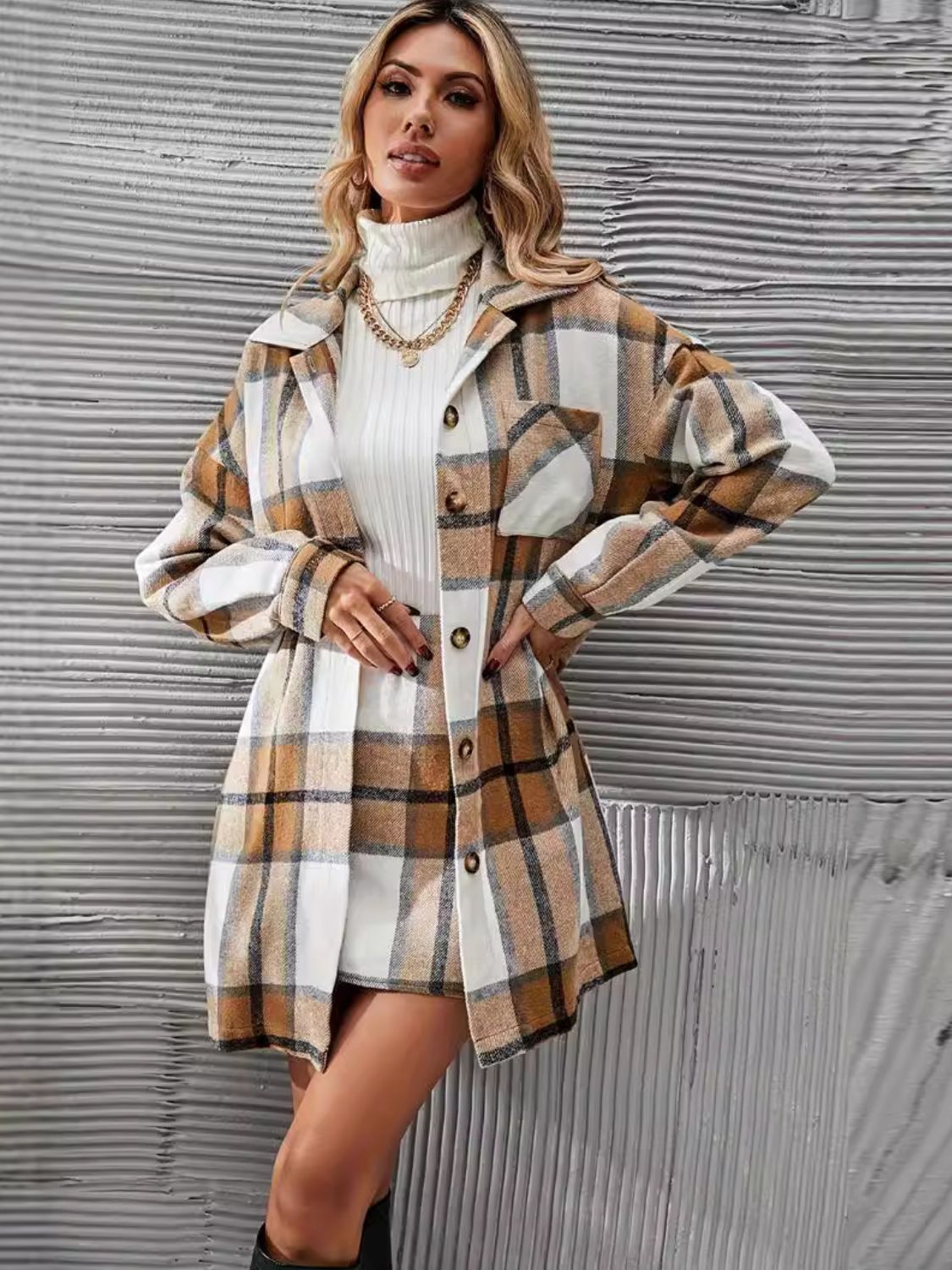 Plaid Button Up Long Sleeve Coat and Skirt Set  Trendsi   