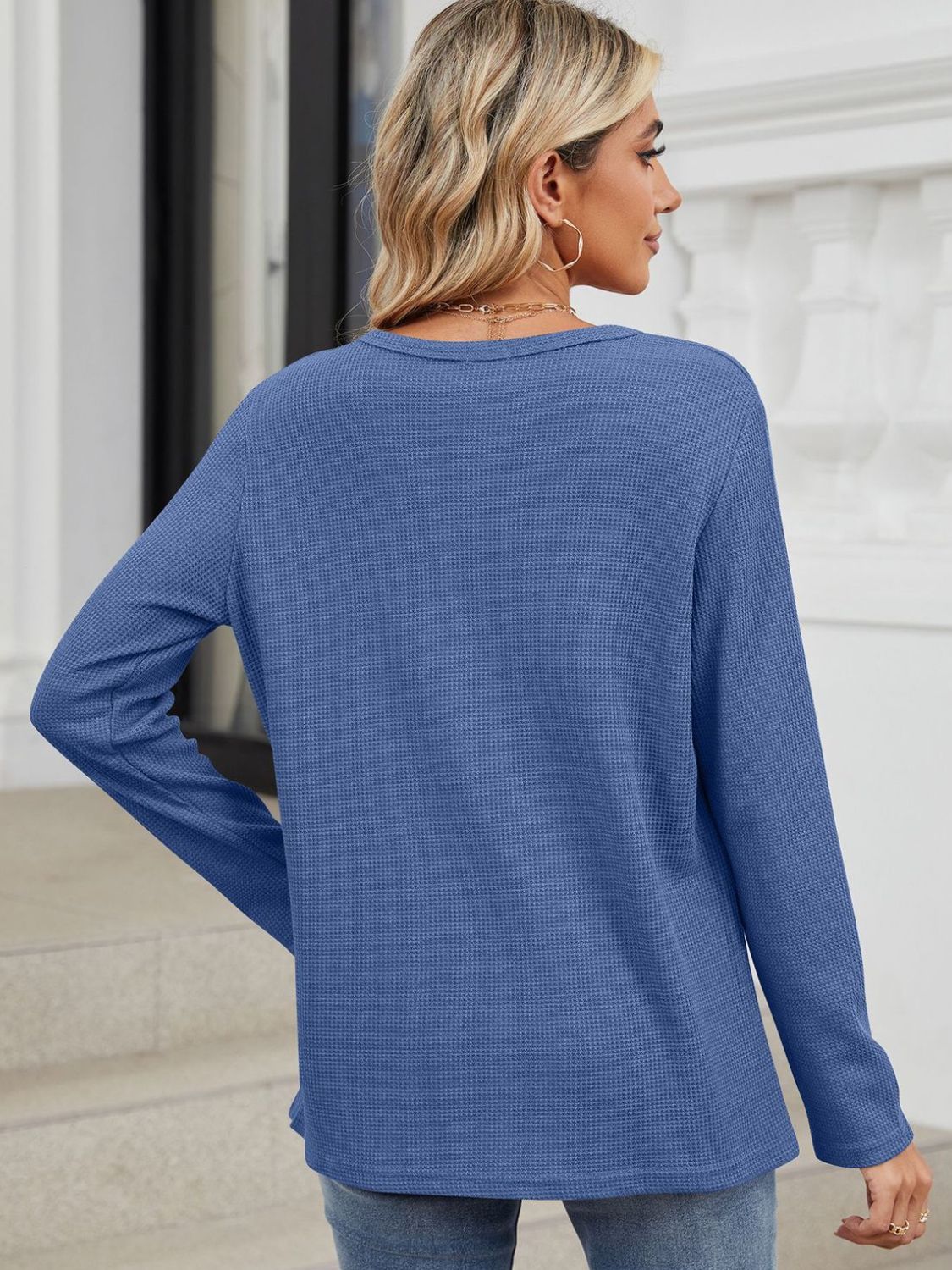 Waffle-Knit Notched Long Sleeve T-Shirt T-Shirt Trendsi   