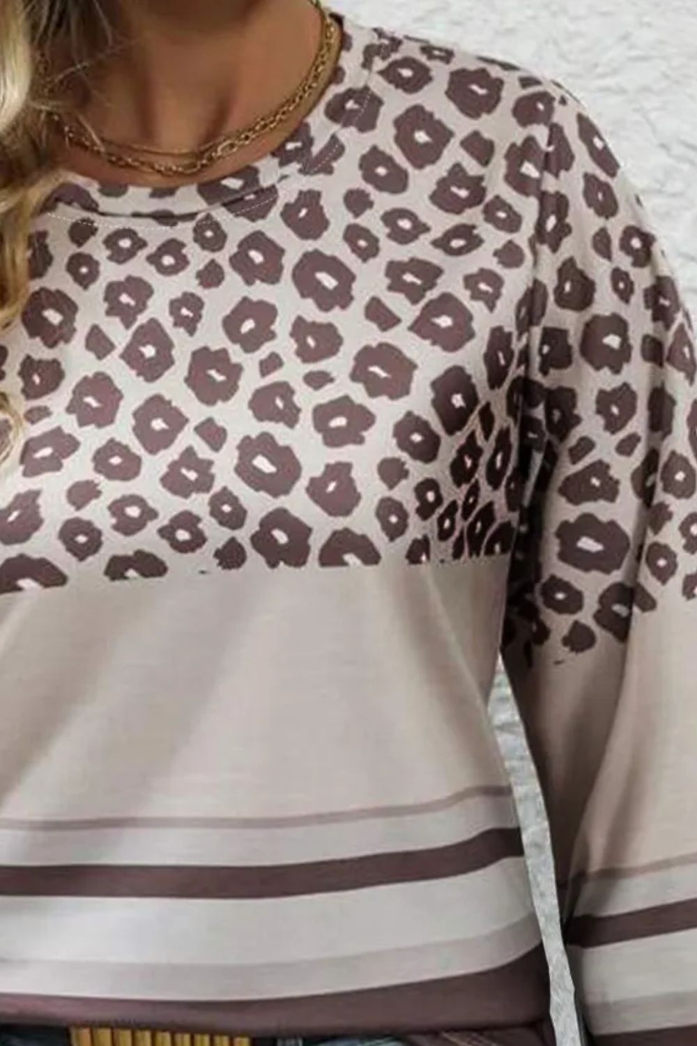 Plus Size Leopard Round Neck Long Sleeve Top  Trendsi   