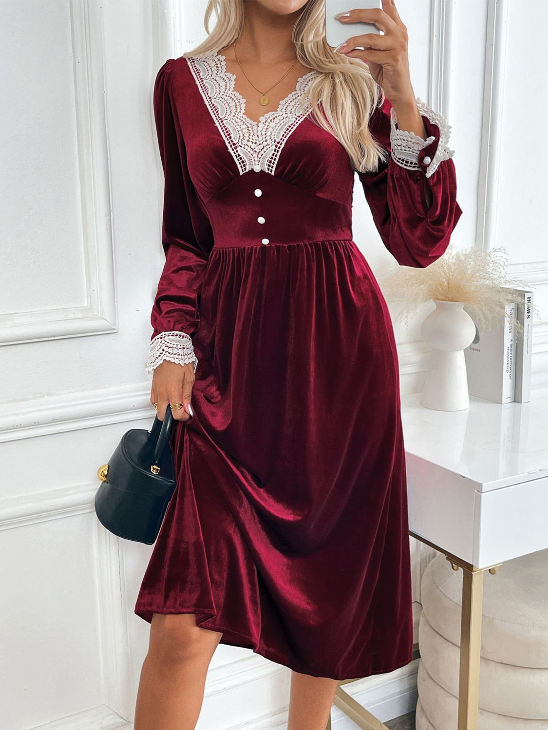 Perfee Lace Detail V-Neck Long Sleeve Midi Dress  Trendsi   