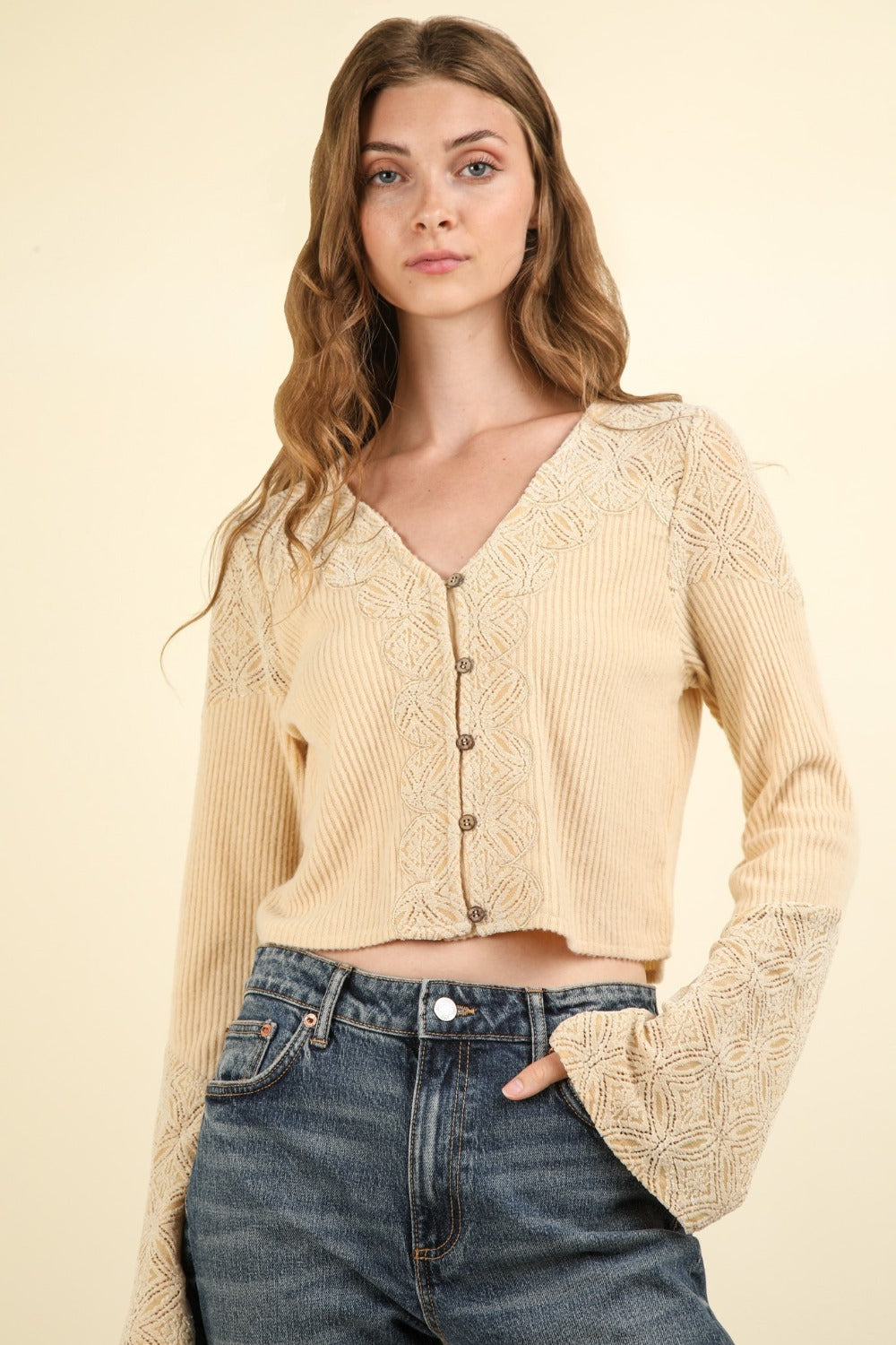 VERY J V-Neck Lace Detail Button Down Crop Ribbed Knit Top Luxe Trendsi   