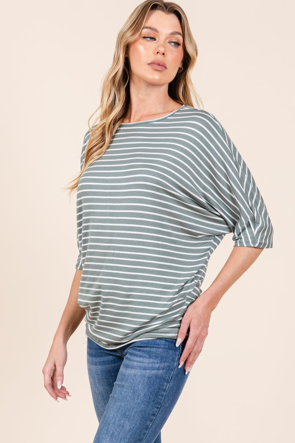 BOMBOM Striped Boat Neck Dolman Sleeve Top  Trendsi   