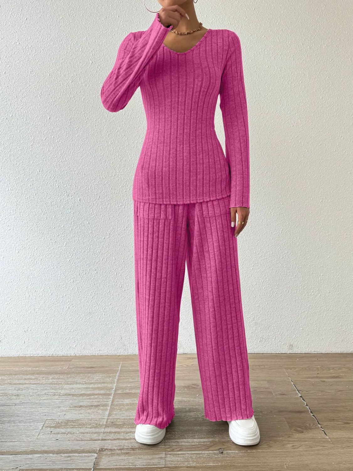 Ribbed V-Neck Long Sleeve Top and Pocketed Pants Set  Trendsi   