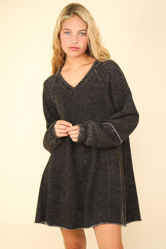 VERY J Mineral Washed Oversized A-Line Mini Dress Luxe Trendsi Black S 