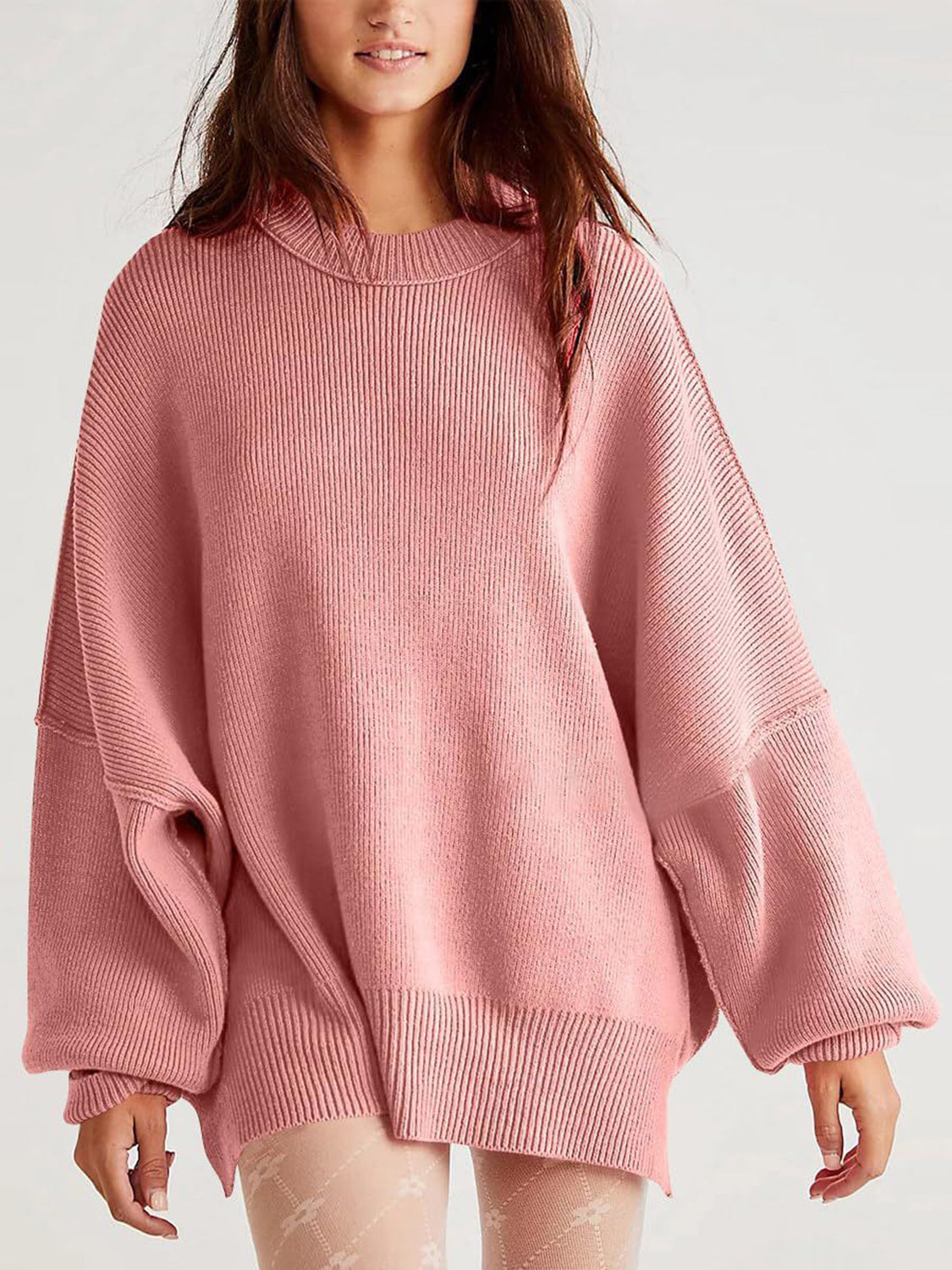 Round Neck Long Sleeve Sweater  Trendsi Dusty Pink S 