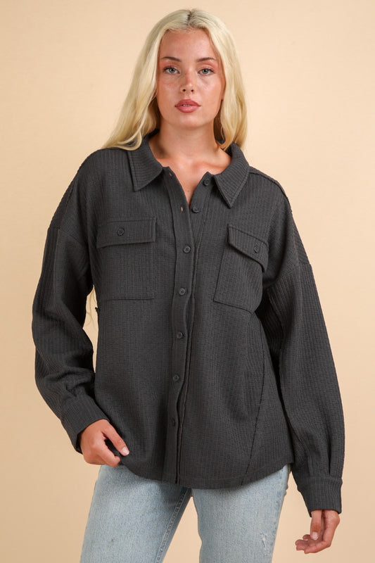 VERY J Button Down Textured Knit Shacket Luxe Trendsi Charcoal S 