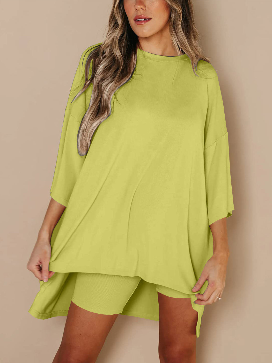 Full Size Round Neck Top and Skinny Shorts Set  Trendsi Lime S 