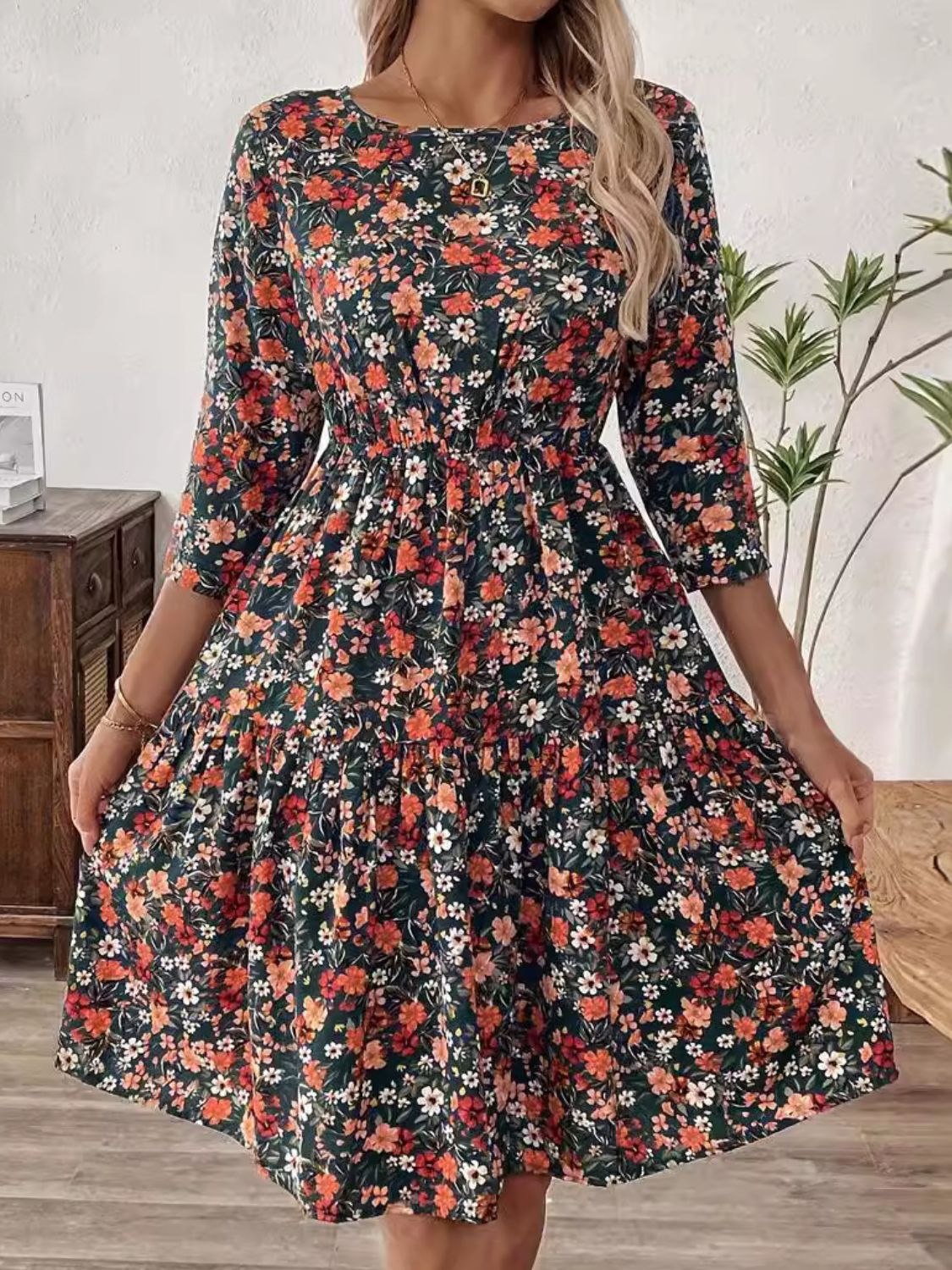 Frill Floral Round Neck Dress  Trendsi   