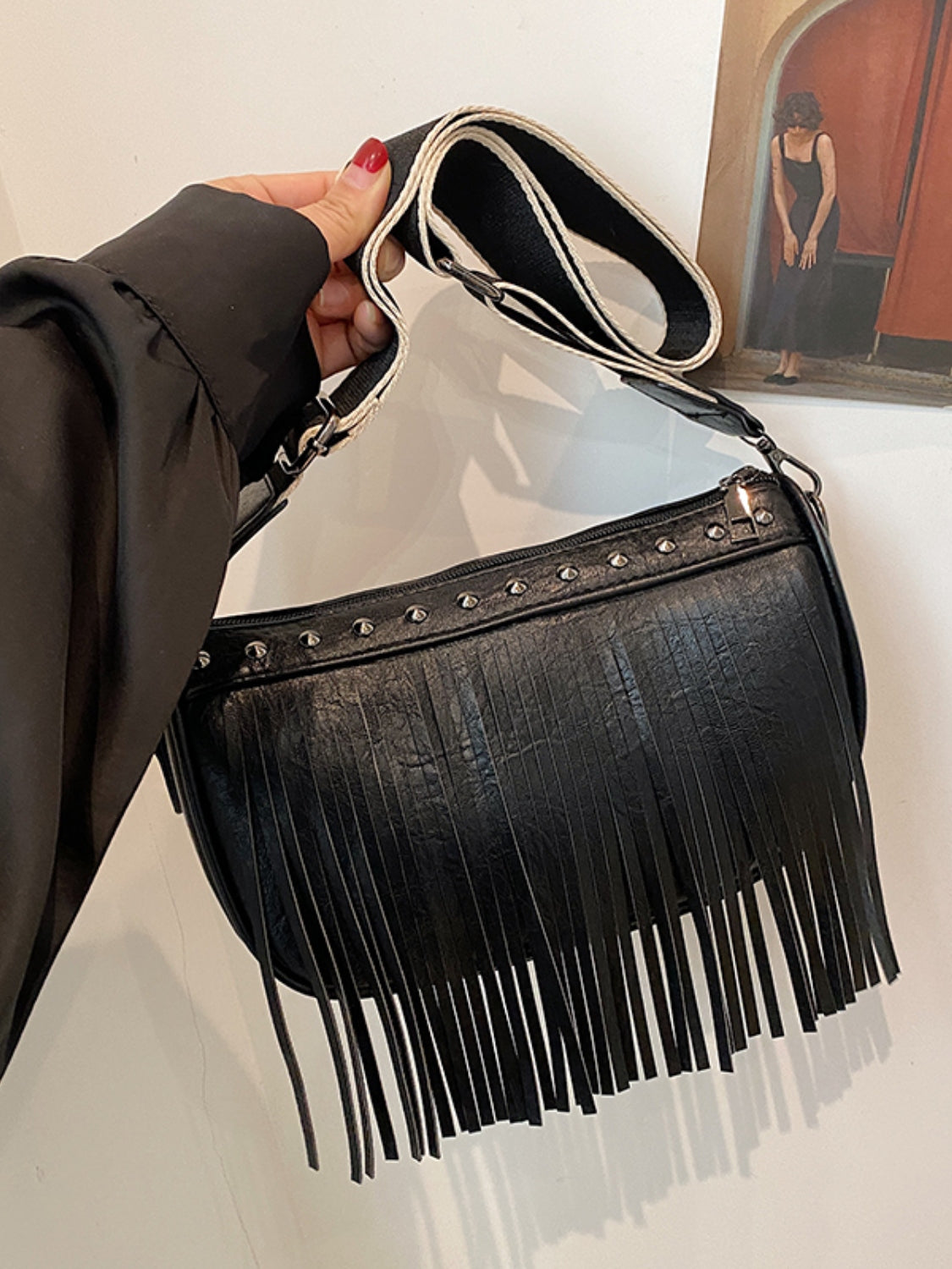 PU Leather Fringe Studded Crossbody Bag  Trendsi   