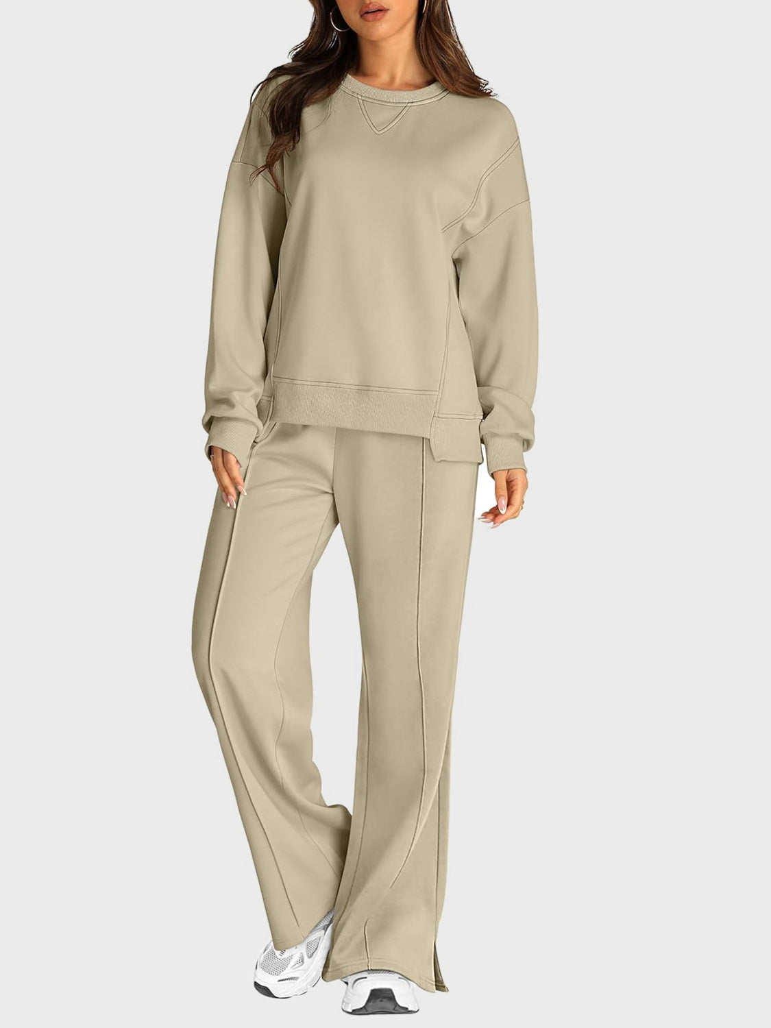 Round Neck Long Sleeve Top and Slit Pants Set  Trendsi   