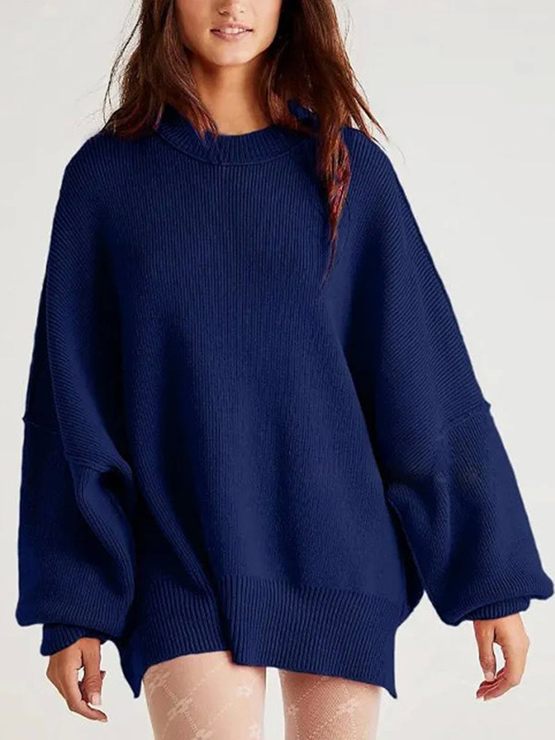 Round Neck Long Sleeve Sweater  Trendsi Navy S 