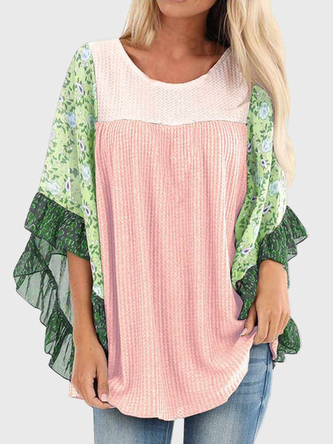 Full Size Printed Round Neck Three-Quarter Sleeve Blouse  Trendsi Blush Pink S 