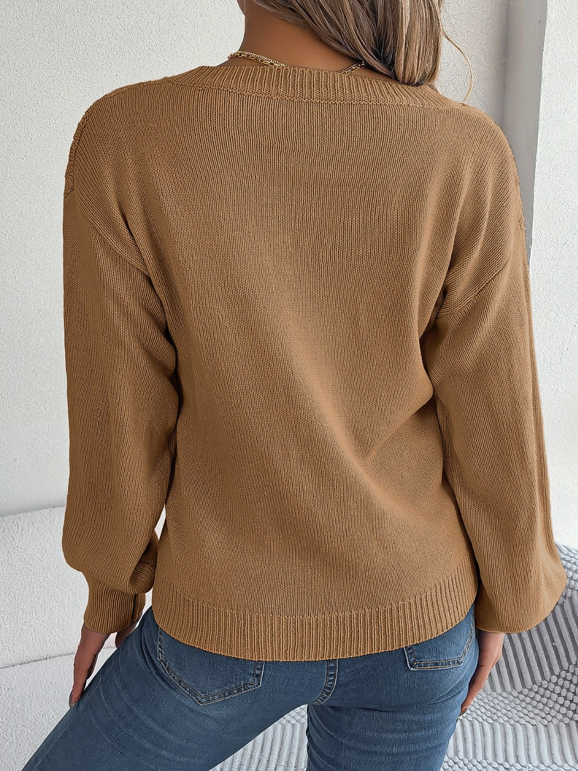 Cable-Knit V-Neck Lantern Sleeve Sweater  Trendsi   