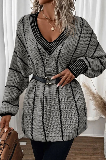 Striped V-Neck Dropped Shoulder Sweater  Trendsi   