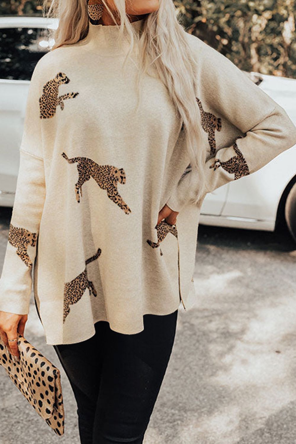 Animal Pattern Mock Neck Long Sleeve Slit Sweater  Trendsi Cream S 