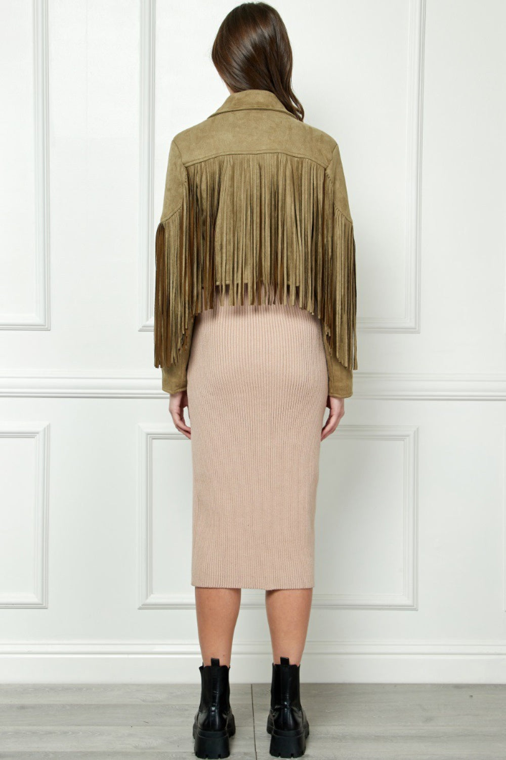 Veveret Suede Fringe Long Sleeve Moto Jacket  Trendsi   