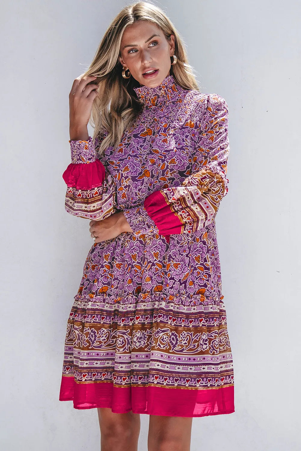 Smocked Floral Turtleneck Long Sleeve Dress  Trendsi   