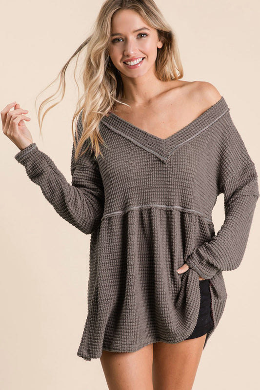 BiBi Waffle Knit V-Neck Babydoll Blouse  Trendsi MOCHA S 