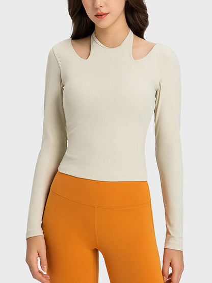 Millennia Halter Neck Long Sleeve Sporty Top  Trendsi Ivory 4 