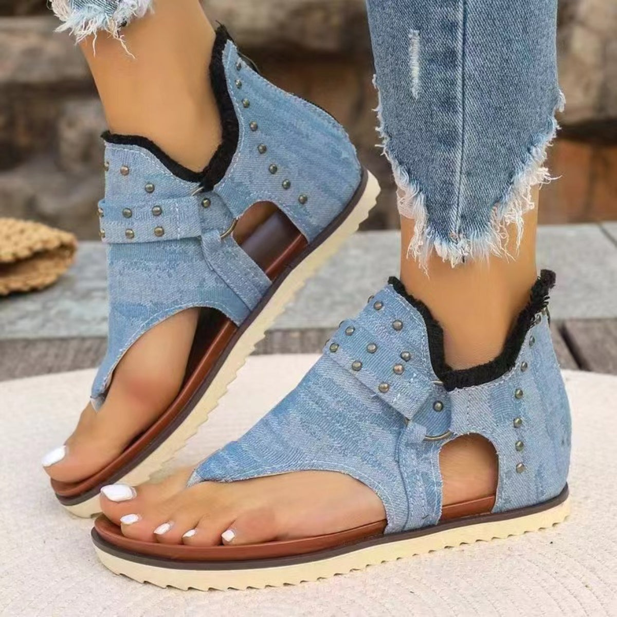 Studded Raw Hem Flat Sandals  Trendsi   