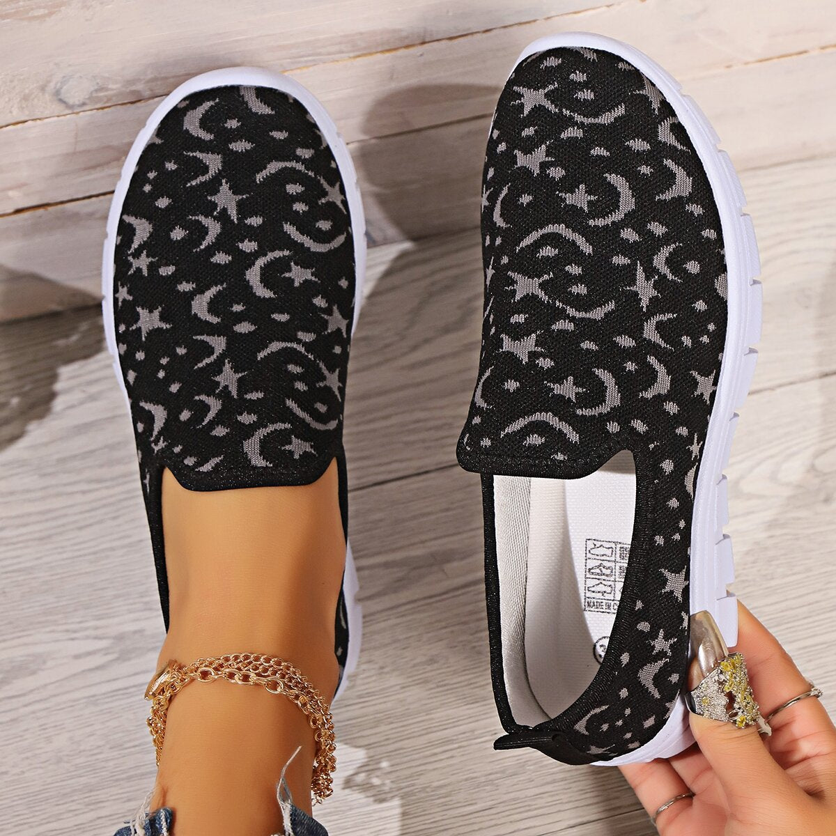 Star & Moon Pattern Flat Loafers  Trendsi Black 36(US5) 