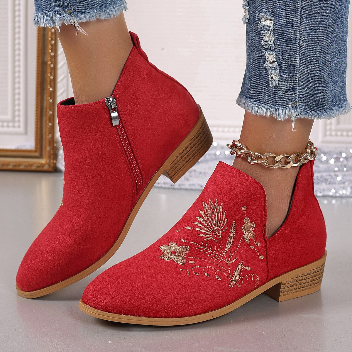 Embroidered Suede Point Toe Block Heel Boots  Trendsi Red 36(US5) 