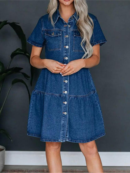 Pocketed Button Up Collared Neck Short Sleeve Denim Dress Dress Trendsi Navy S 