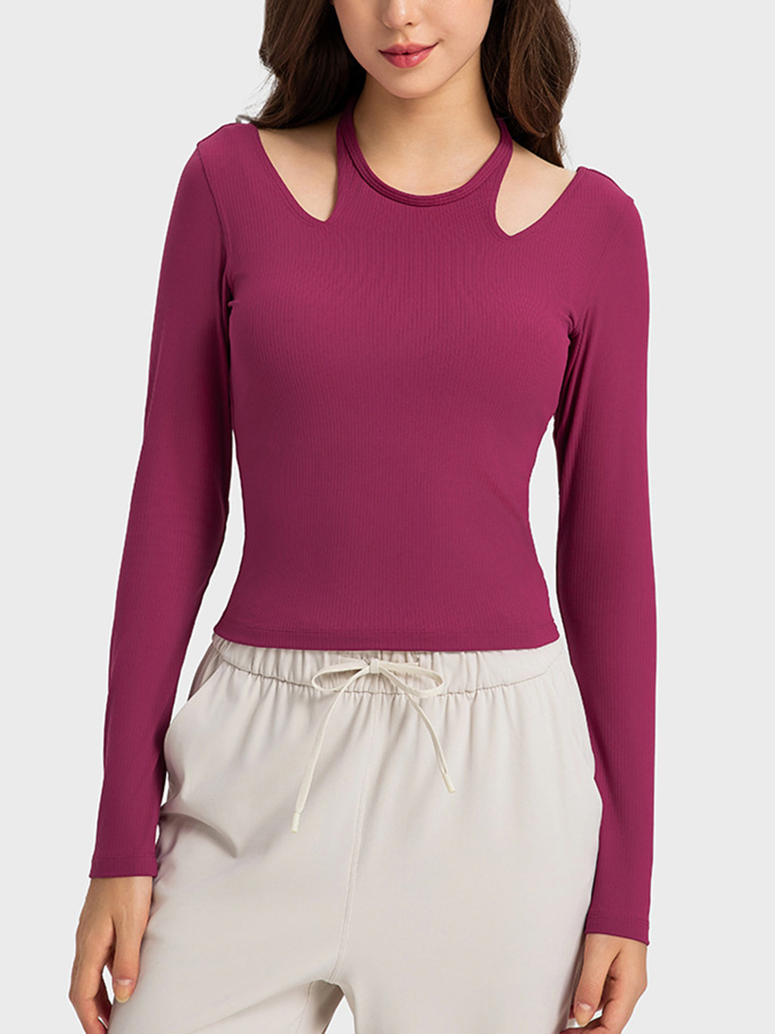 Millennia Halter Neck Long Sleeve Sporty Top  Trendsi Hot Pink 4 