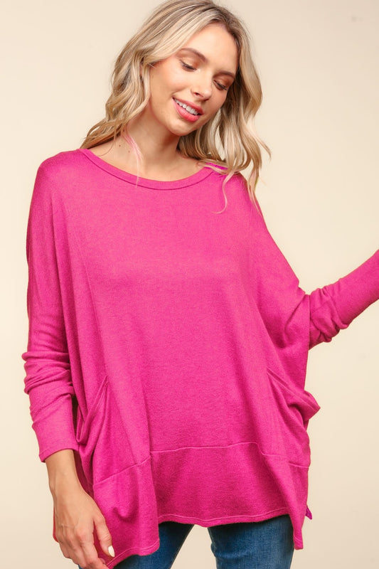 Haptics Dolman Long Sleeve Oversized Knit Top with Pockets  Trendsi Fuchsia S 