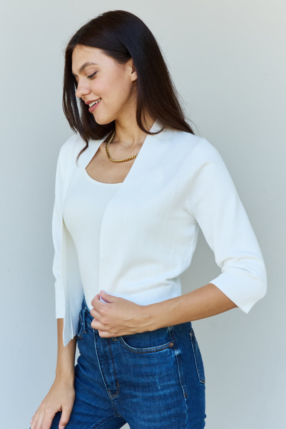 Doublju My Favorite Full Size 3/4 Sleeve Cropped Cardigan in Ivory Sale Trendsi   