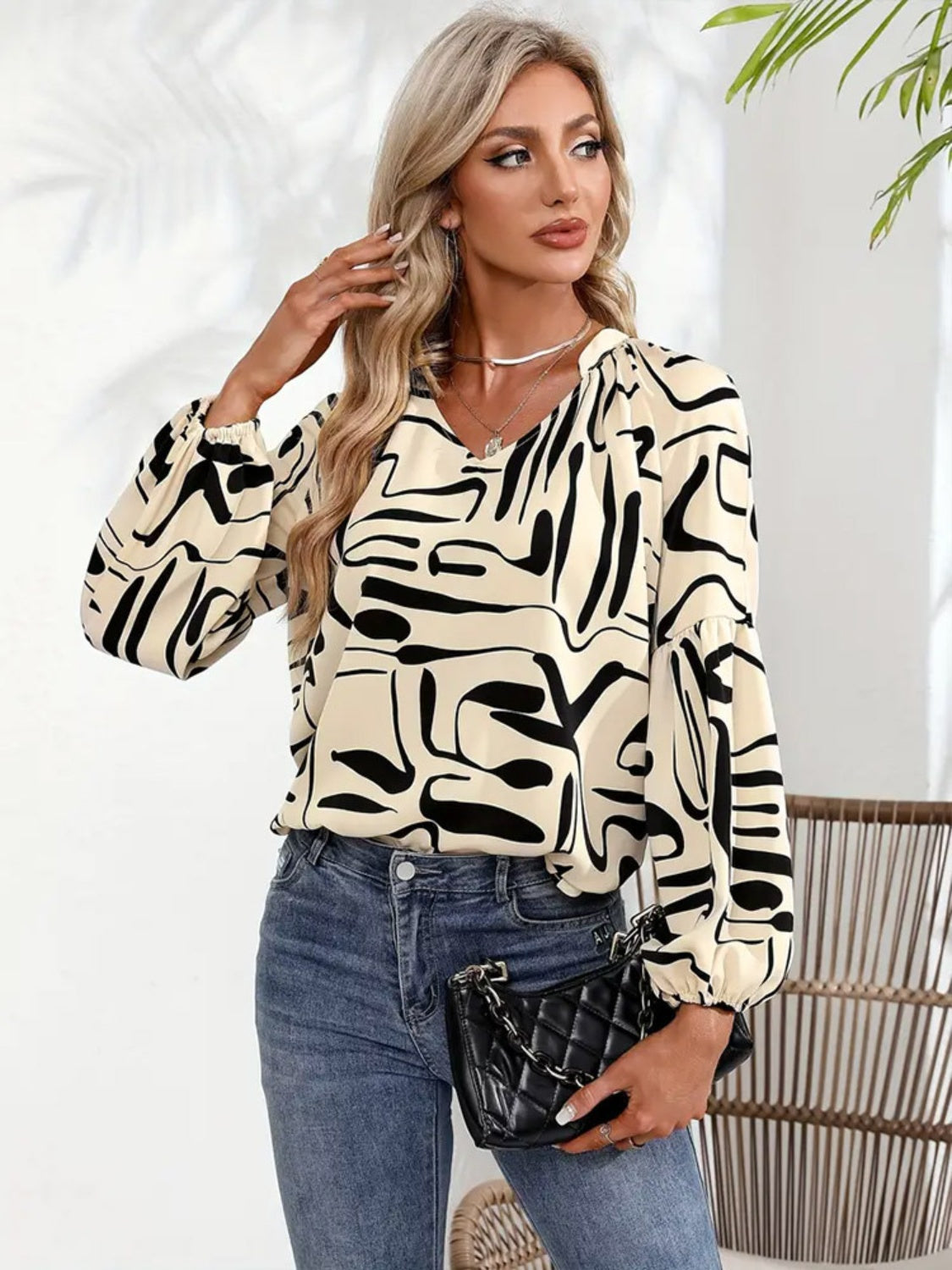 Printed Notched Long Sleeve Blouse  Trendsi   