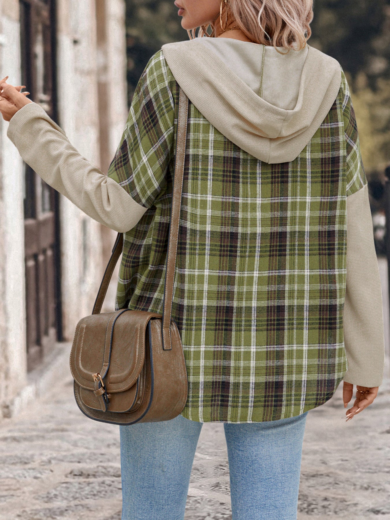 Perfee Drawstring Plaid Long Sleeve Hooded Shirt Blouse Trendsi   