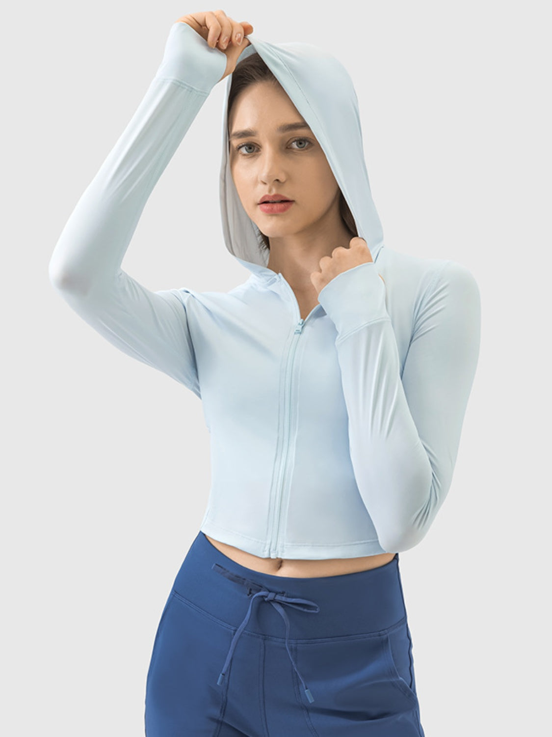 Millennia Zip Up Hooded Long Sleeve Active Outerwear  Trendsi Light Blue S 