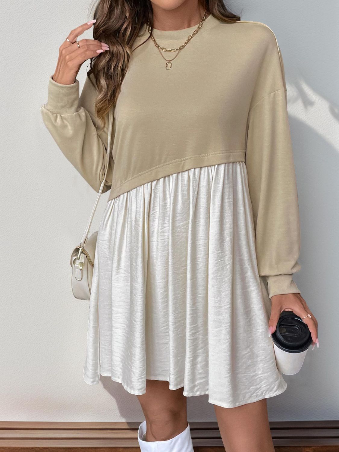 Perfee Contrast Round Neck Long Sleeve Mini Dress  Trendsi   