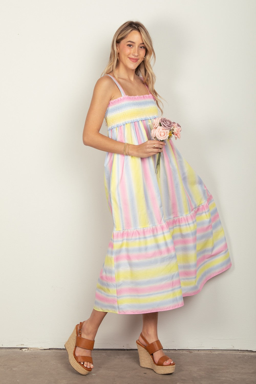 VERY J Striped Woven Smocked Midi Cami Dress  Trendsi   