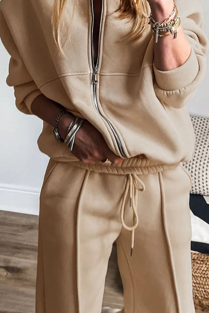 Zip Up Long Sleeve Top and Pants Set  Trendsi   