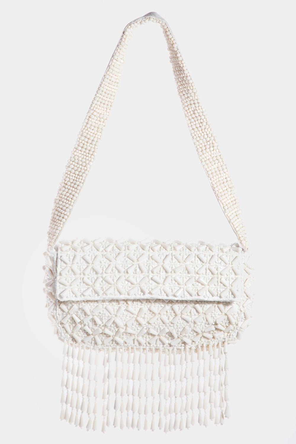 Fame Beaded Fringe Rectangle Shoulder Bag  Trendsi Cream One Size 