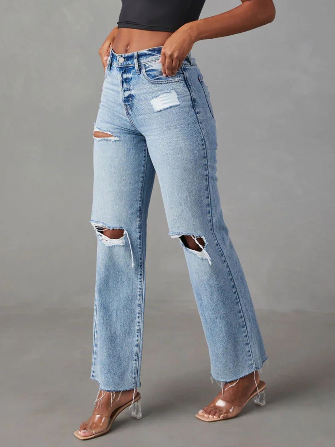 Distressed Straight Leg Jeans with Pockets  Trendsi   