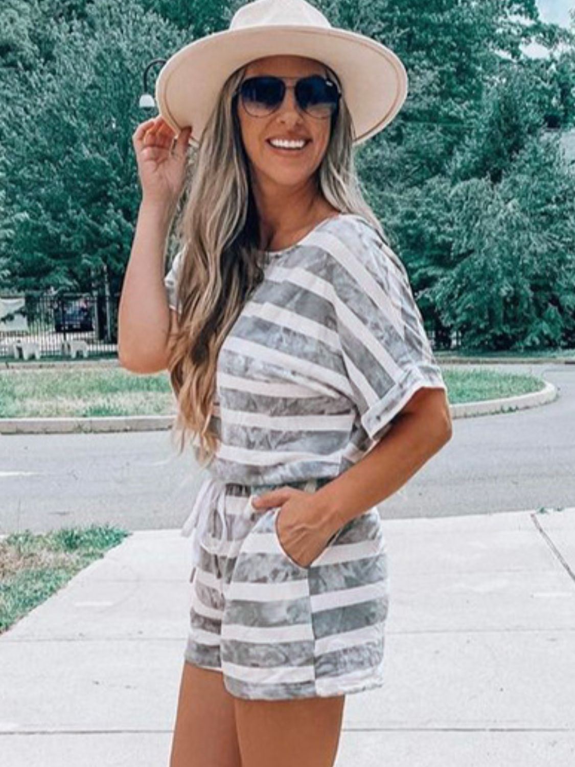 Striped Round Neck Top and Shorts Set  Trendsi   