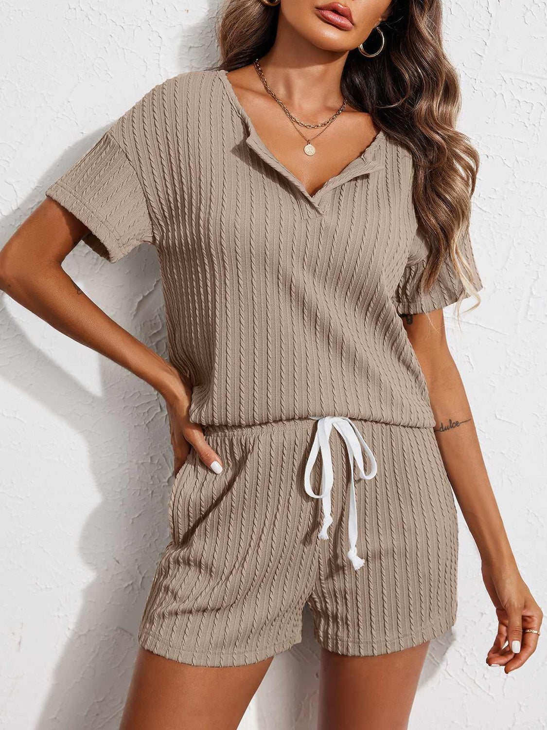 Notched Short Sleeve Top and Shorts Set Top And Short Set Trendsi   