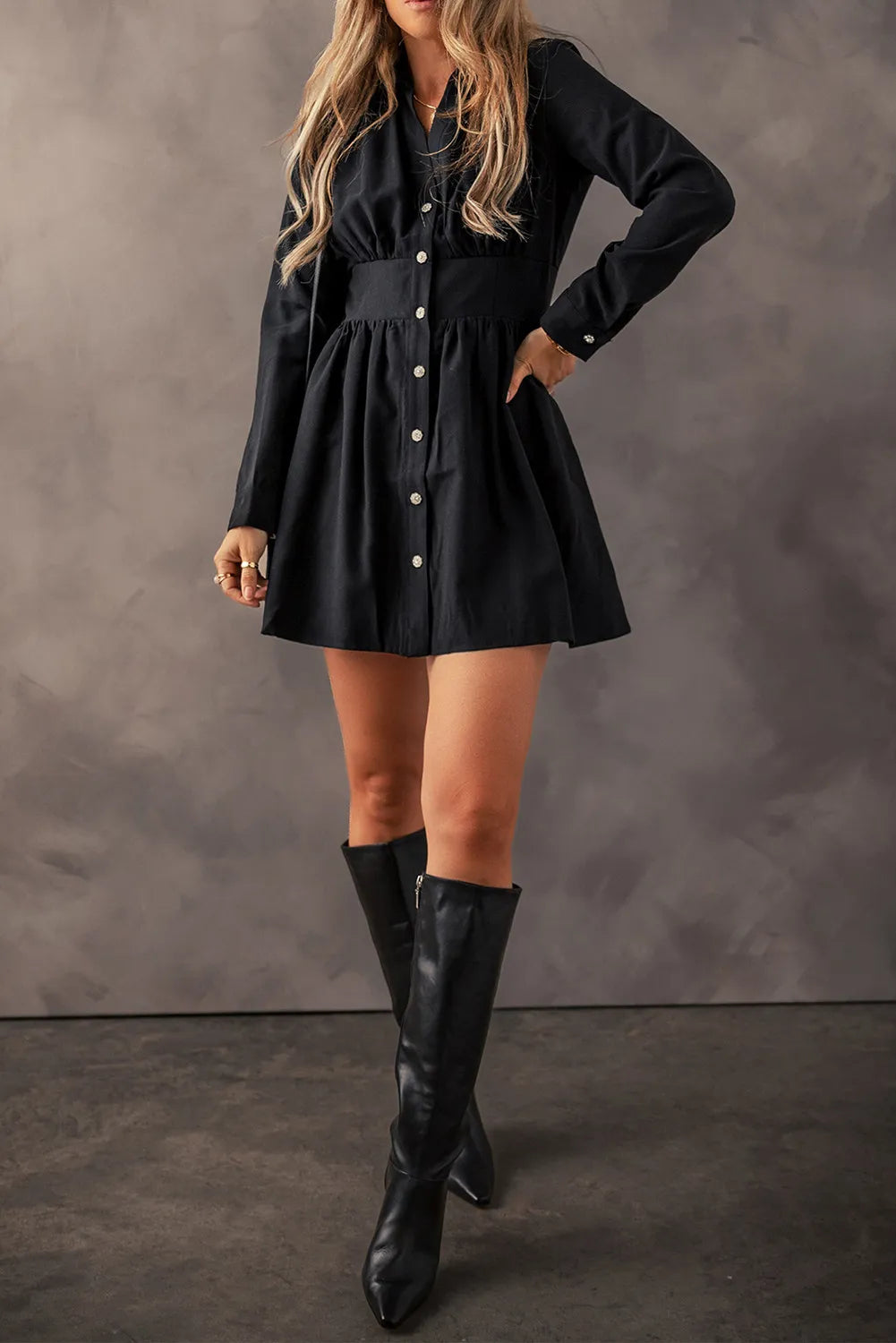 Ruched Button Up Long Sleeve Dress  Trendsi   