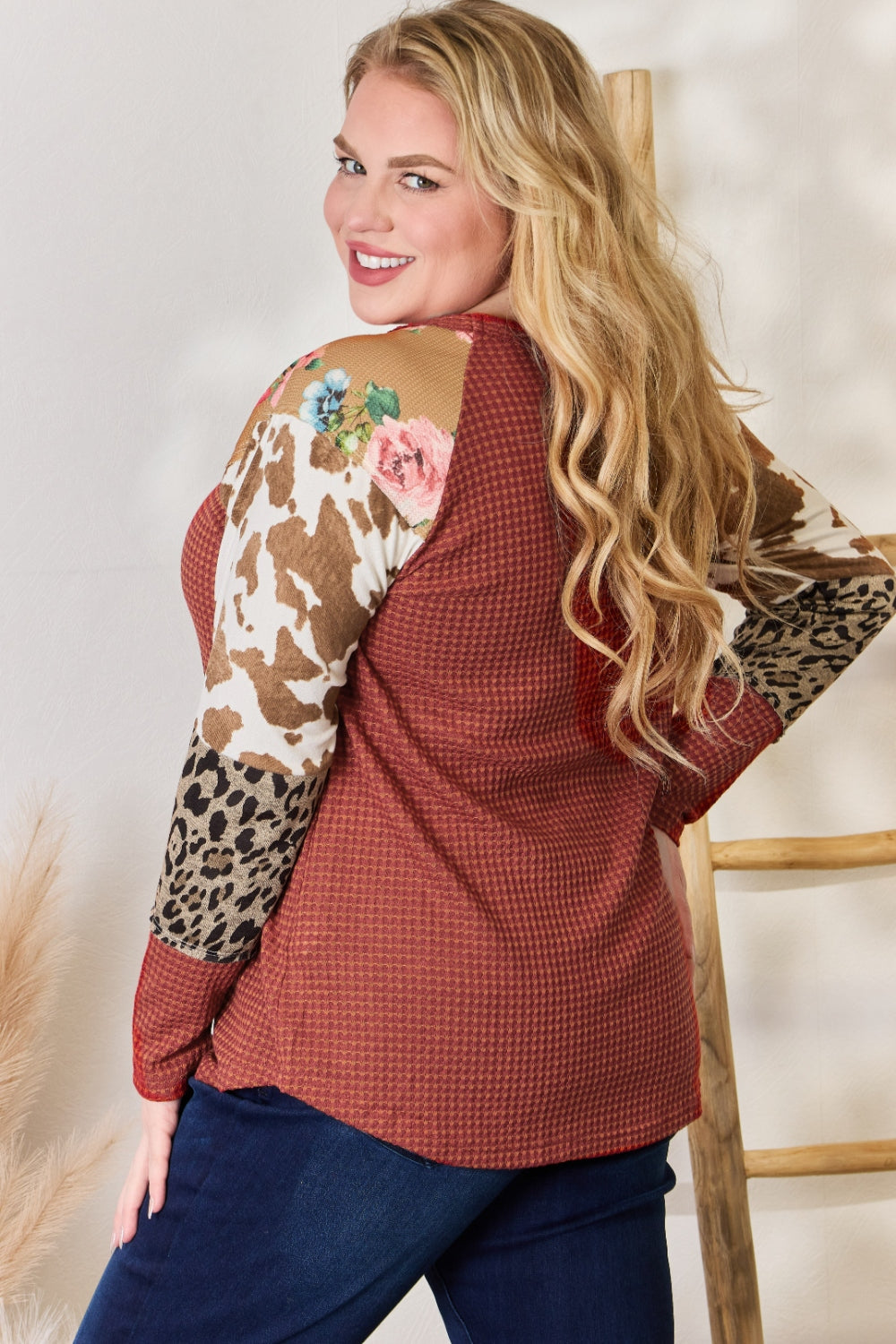 Hailey & Co Full Size Leopard Waffle-Knit Blouse  Trendsi   