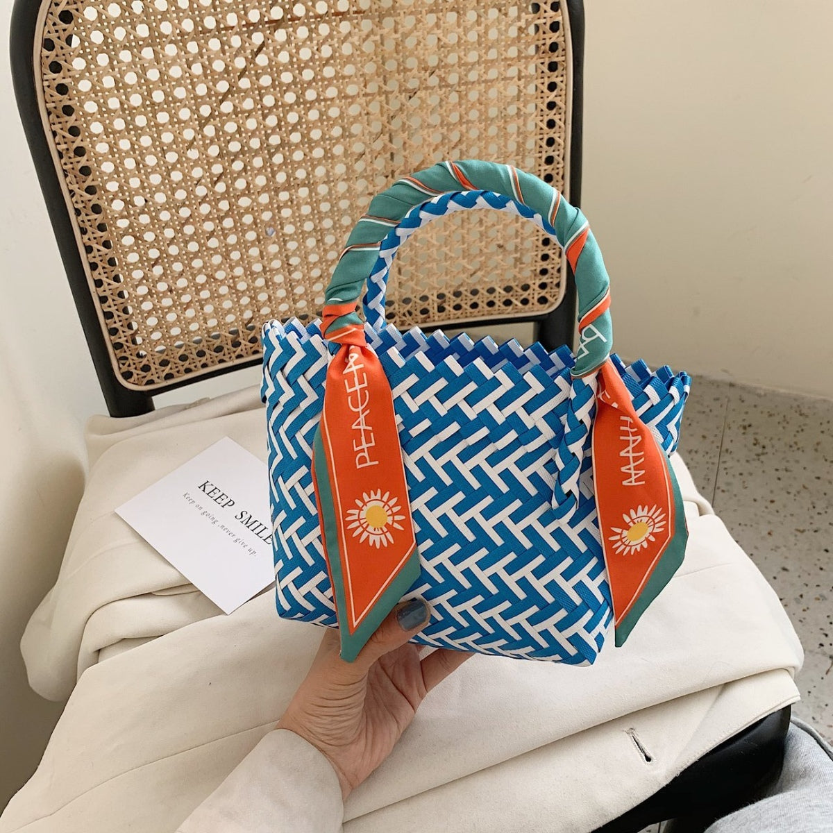 Contrast Woven Handbag with Ribbon  Trendsi   