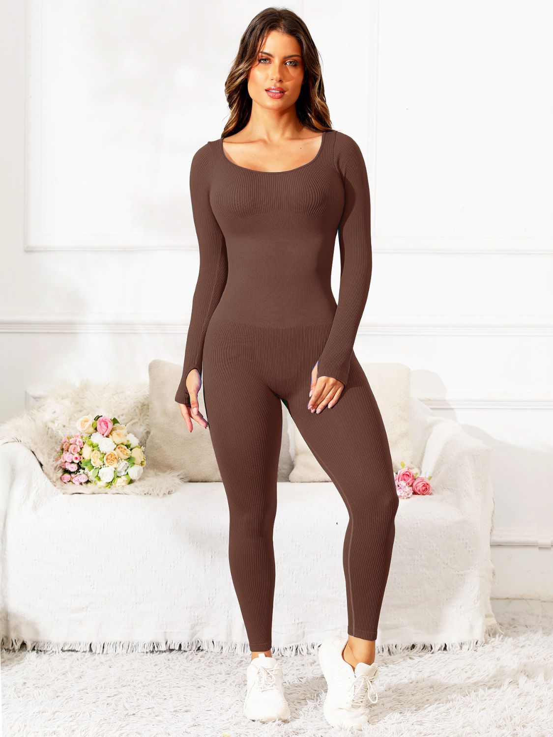 Scoop Neck Long Sleeve Active Jumpsuit  Trendsi Black S 