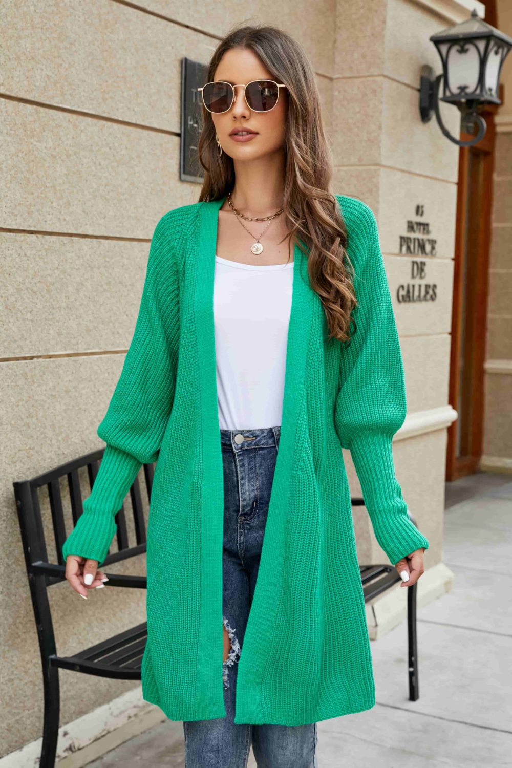 Open Front Lantern Sleeve Cardigan  Trendsi Green S 