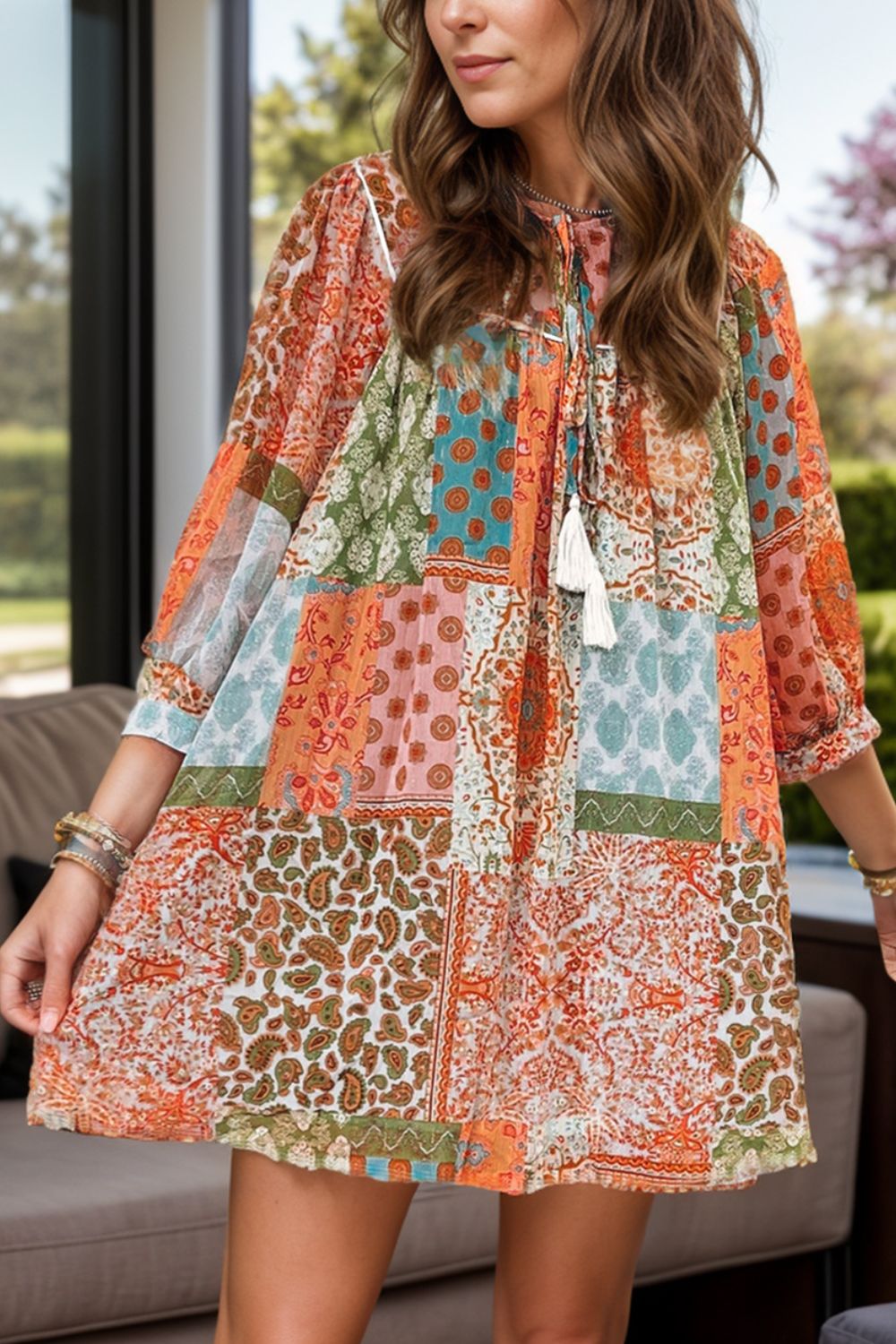 Tassel Printed Three-Quarter Sleeve Mini Dress  Trendsi Orange S 