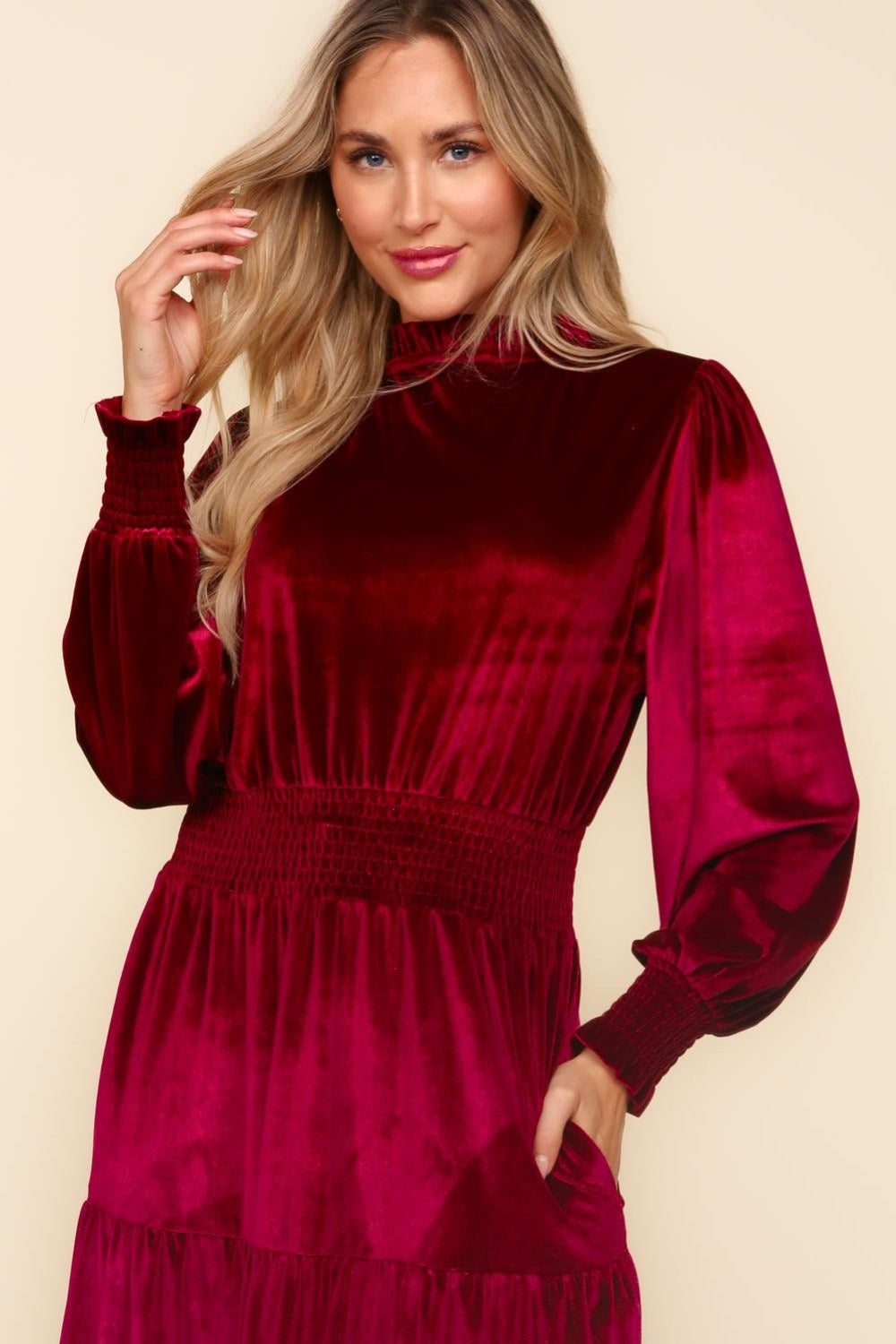 Haptics Mock Neck Smocked Waist Velvet Tiered Dress  Trendsi   