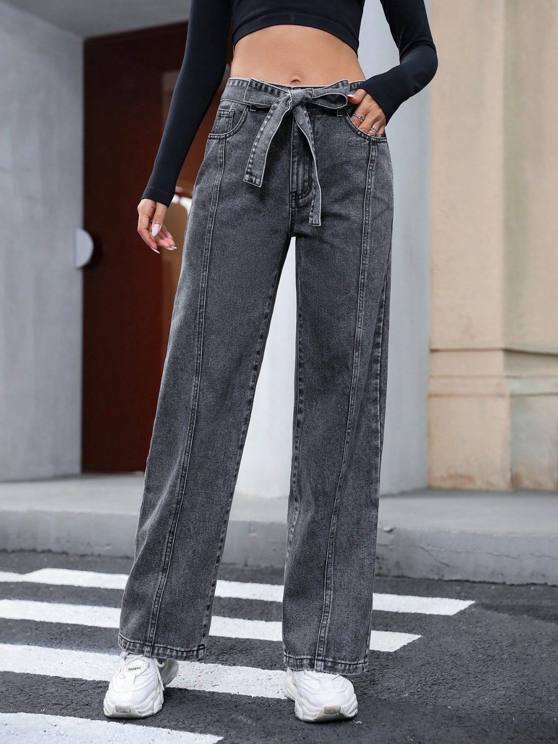 Tied Straight Leg Jeans with Pockets  Trendsi Dark Gray XS 