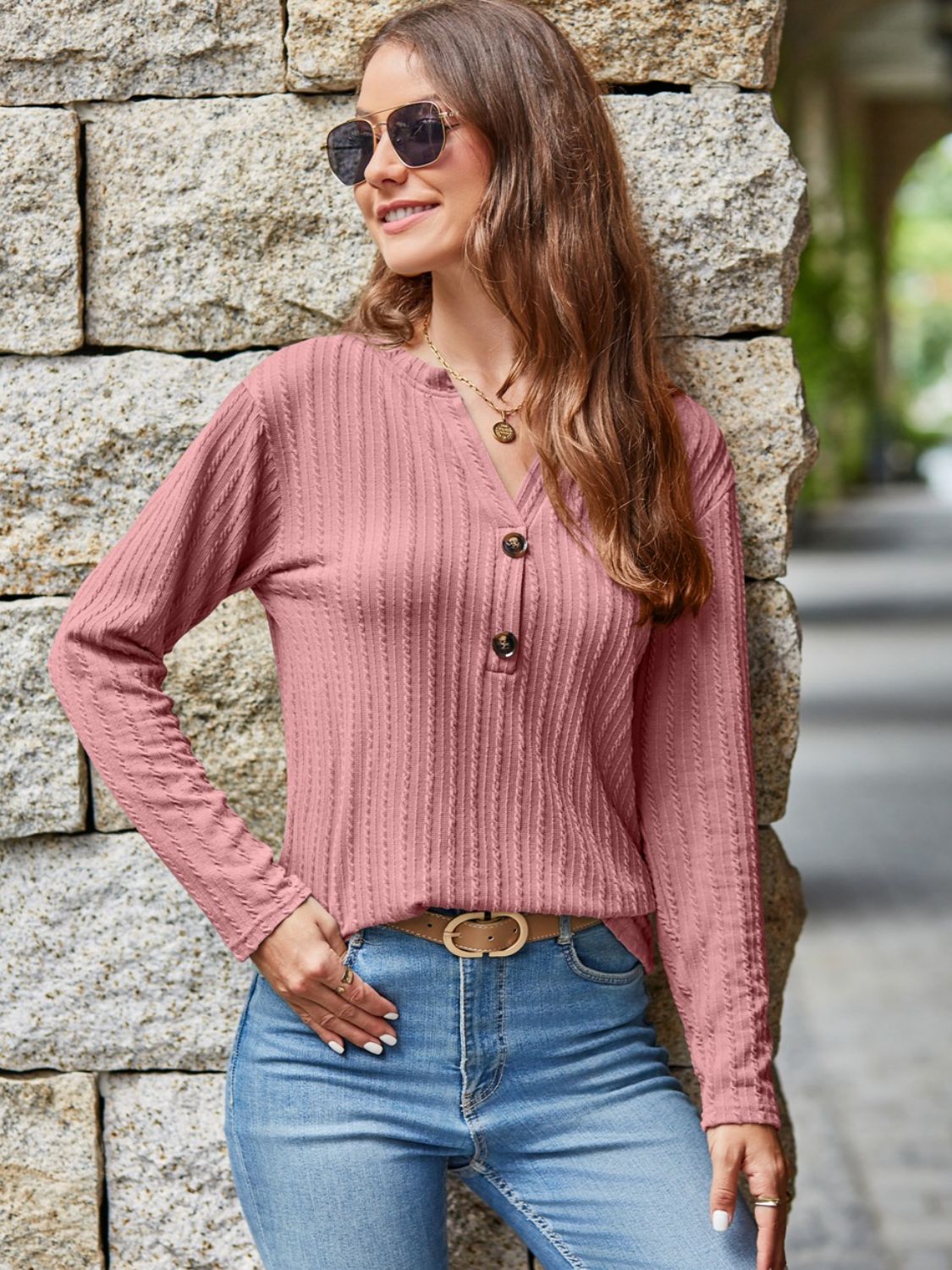 Mandy Notched Long Sleeve T-Shirt  Trendsi Dusty Pink S 