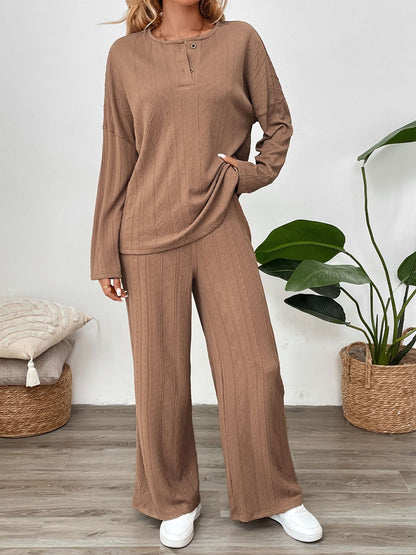 Perfee Quarter Button Long Sleeve Top and Pants Set  Trendsi   